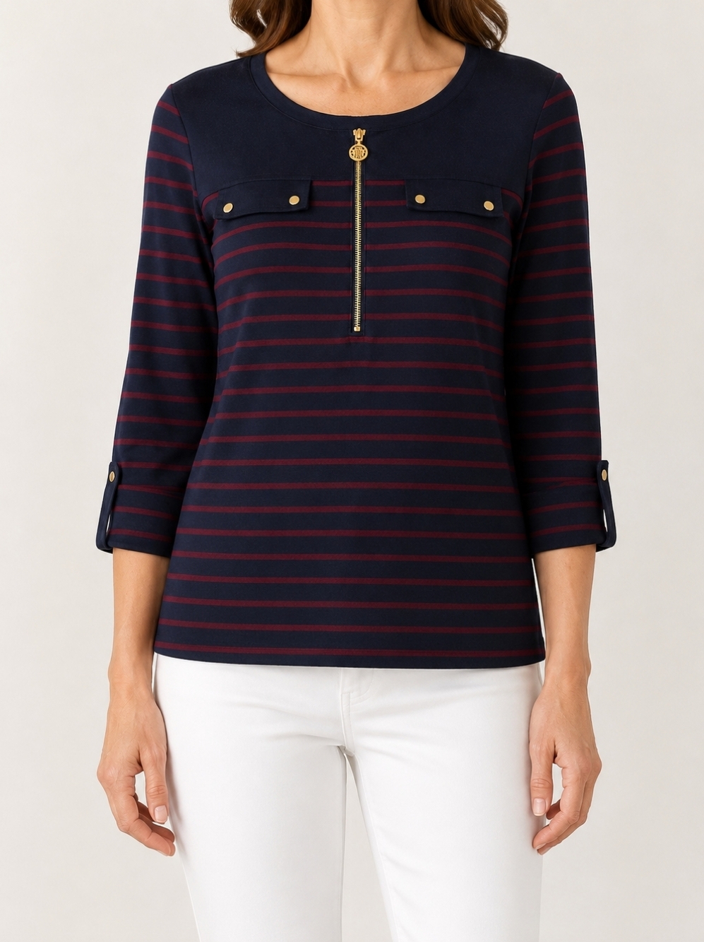 NWOT Anne Klein Sport Navy & Burgundy Striped Top Sz PM
